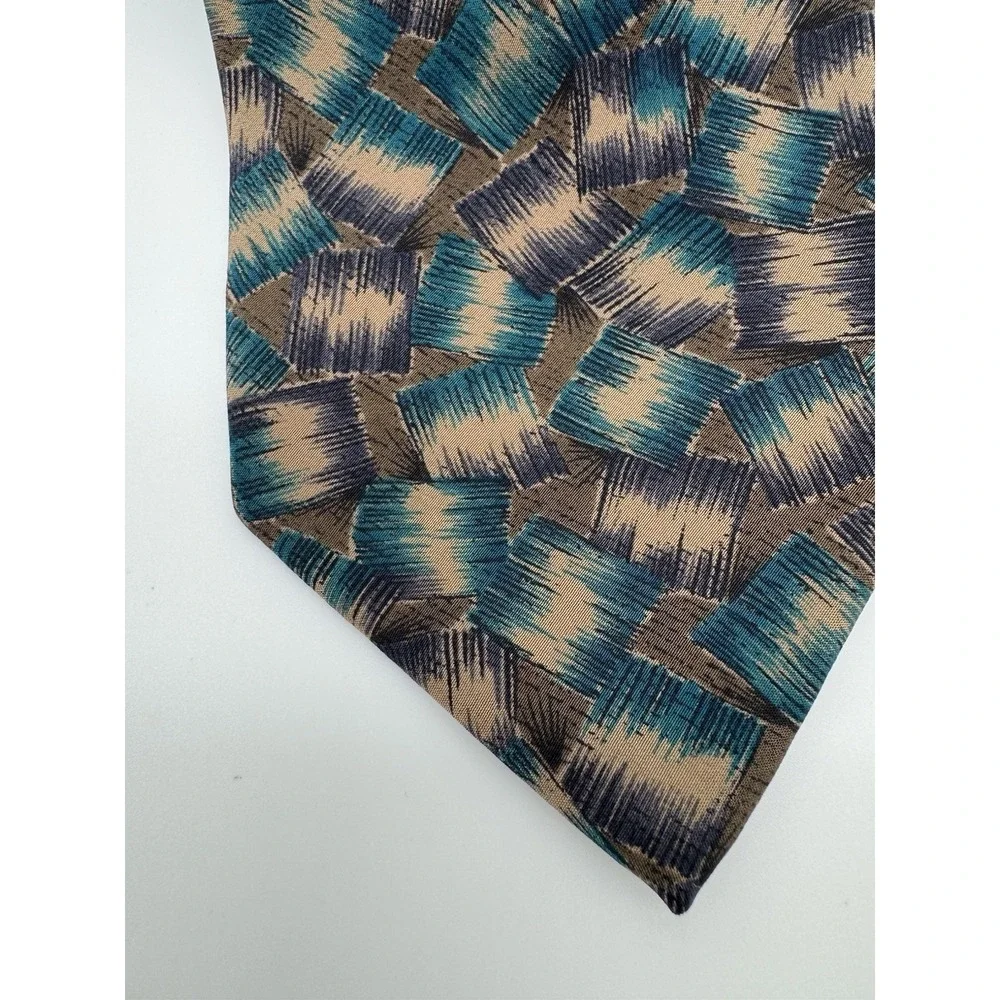 Secours 100% Silk Tie Abstract Geometric Brown Teal Tan Pattern‎ Classic Necktie